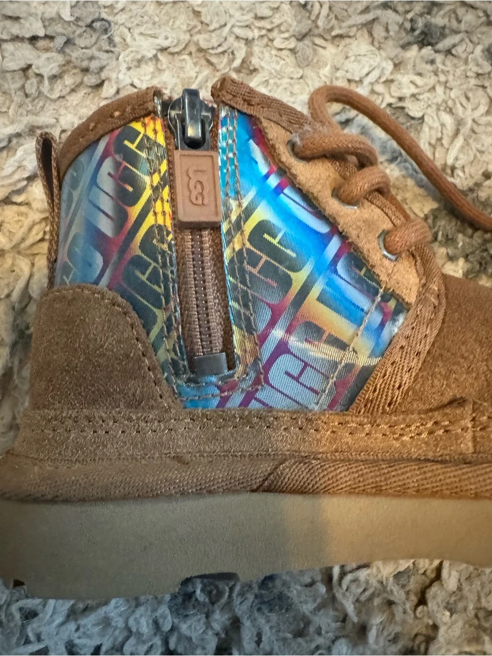 UGG Kids Chestnut Suede Ankle Boots with Rainbow Logo Panel